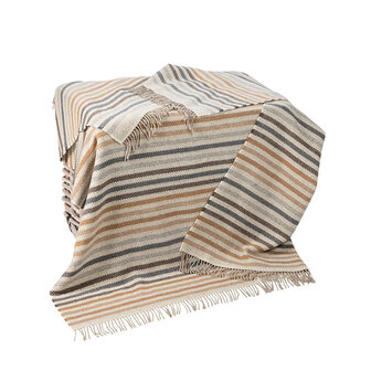 John Hanly Merino Cashmere Wollen Deken Beige Antraciet Camel gestreept
