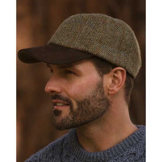 Walker en Hawkes Harris Tweed Brungton Baseball Cap Leren Klep Moss Green