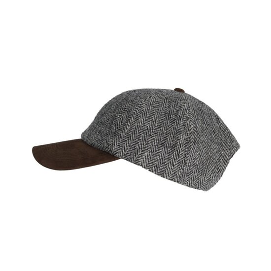 Walker en Hawkes Harris Tweed Brungton Baseball Cap Leren Klep Steel Grey