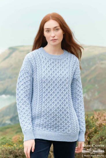 Aran Crafts (Unisex) Merinowollen Kabeltrui Kildare Ice Blue