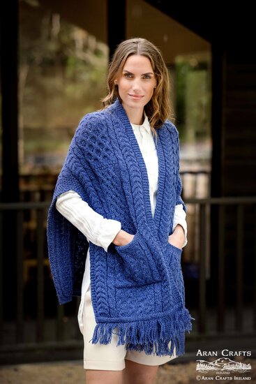 Aran Crafts Merinowollen sjaal poncho Blue Marl