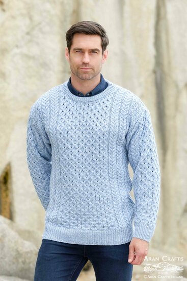 Aran Crafts (Unisex) Merinowollen Kabeltrui Kildare Ice Blue