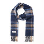 John Hanly Lange Lamswollen Sjaal Navy Oranje Denim Geruit