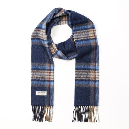 John Hanly Lange Lamswollen Sjaal Navy Oranje Denim Geruit