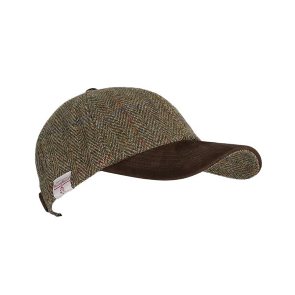 Harris Tweed Brungton Baseball Cap Leather Peak Moss Green