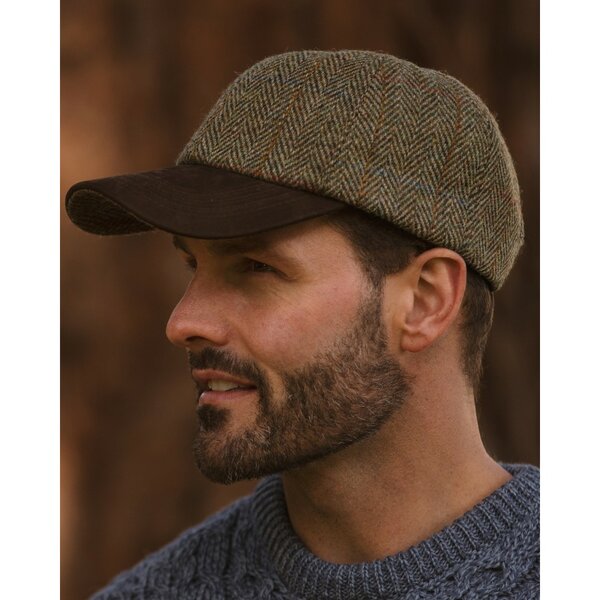 Walker en Hawkes Harris Tweed Brungton Baseball Cap Leren Klep Moss Green