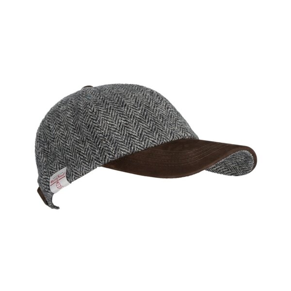 Harris Tweed Brungton Baseball Cap Leather Peak Steel Grey