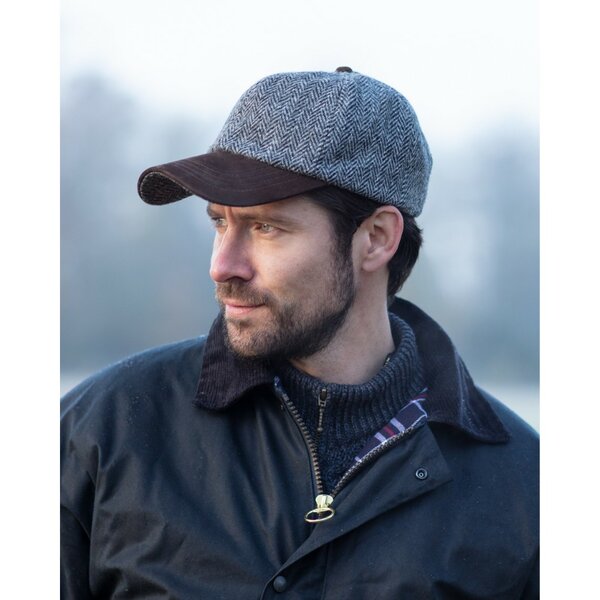 Walker en Hawkes Harris Tweed Brungton Baseball Cap Leren Klep Steel Grey